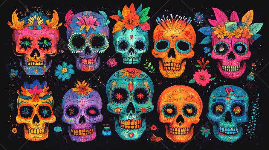 Calaveras vibrantes do Dia de los Muertos com flores em fundo escuro