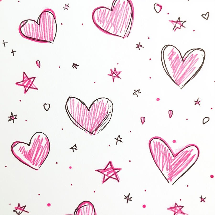 Corações e estrelas rosa desenhados à mão em padrão divertido