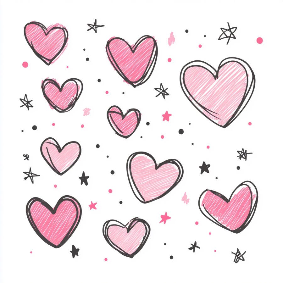 Corações rabiscados cor de rosa em fundo branco com estrelas e pontos ilustração de amor