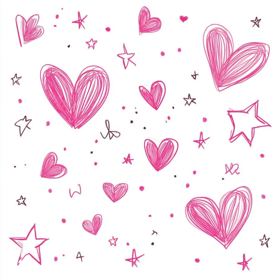 Corações e estrelas desenhos infantis rosa e preto em fundo branco