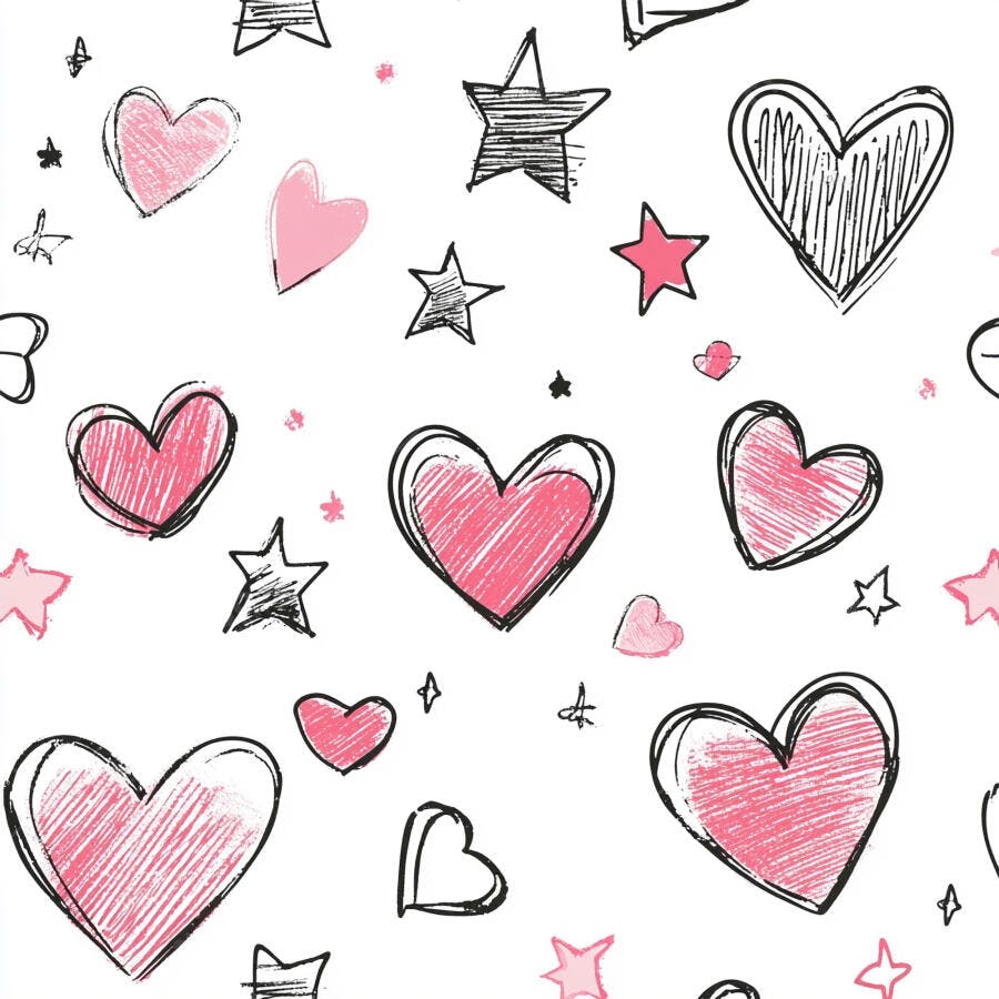 Padrão de corações rosa e estrelas pretas desenhadas à mão em fundo branco