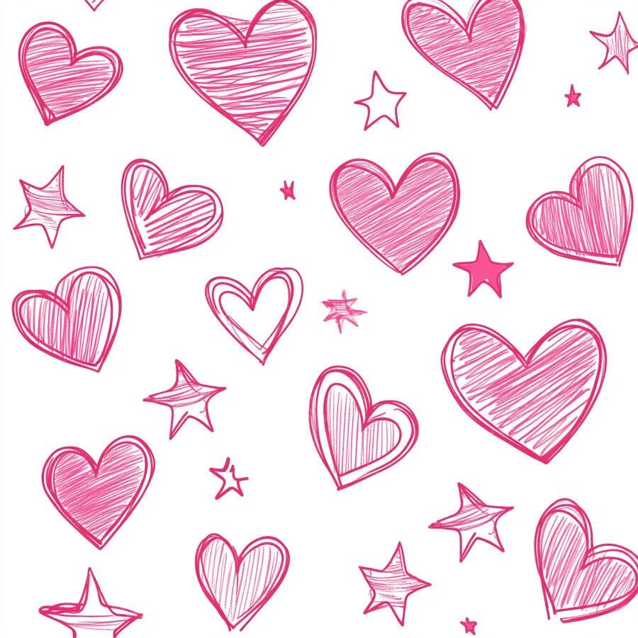 Padrão de corações e estrelas rosa desenhados à mão em fundo branco