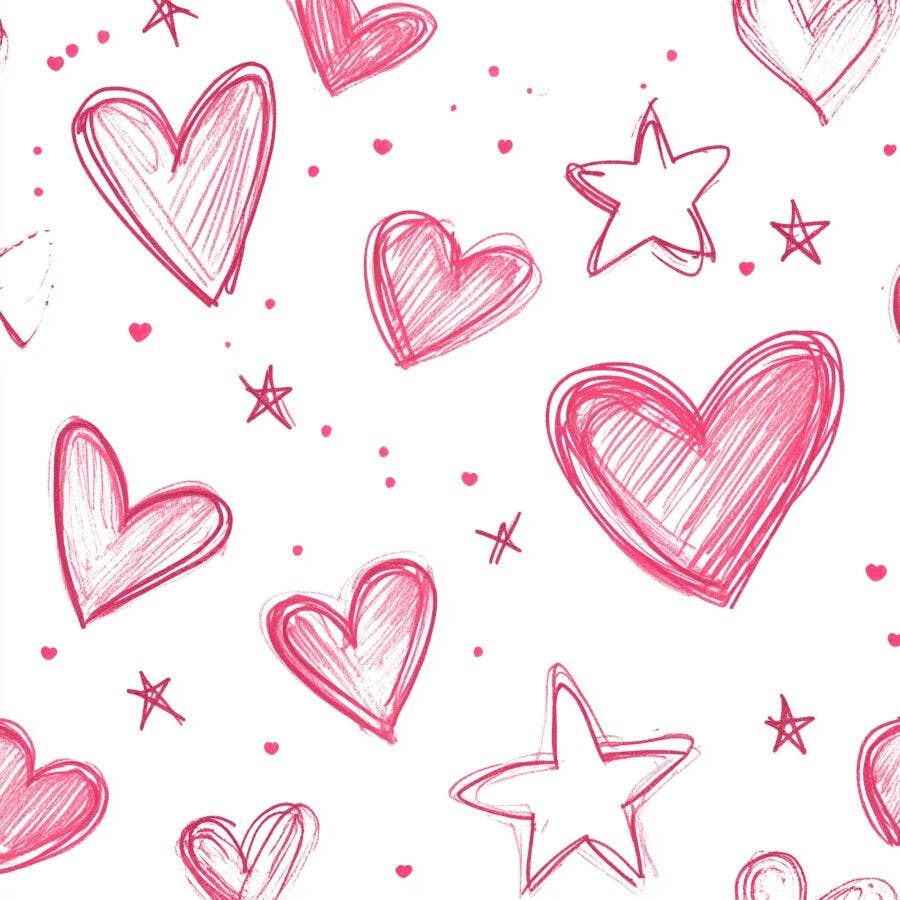 Corações rosa e estrelas rabiscadas padrão sem costura estilo doodle fundo branco