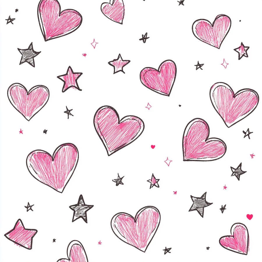 Padrão fofo de corações rosa e estrelas pretas desenhadas à mão em fundo branco