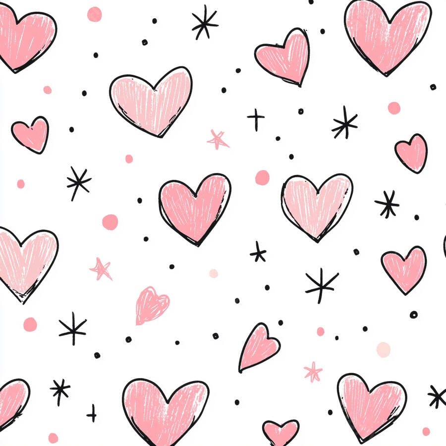 Padrão de corações rosas e estrelas desenhadas em fundo branco