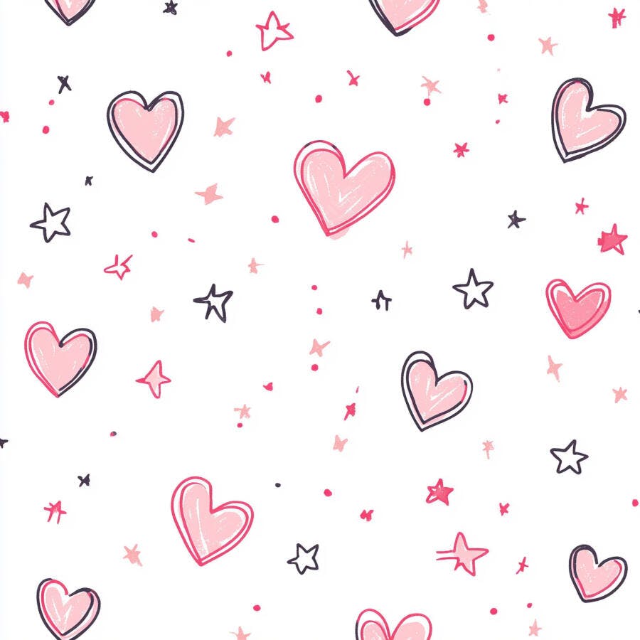 Corações e estrelas rosa desenhados à mão em fundo branco