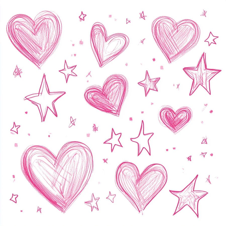Corações e estrelas rosa desenhados à mão com rabiscos em fundo branco