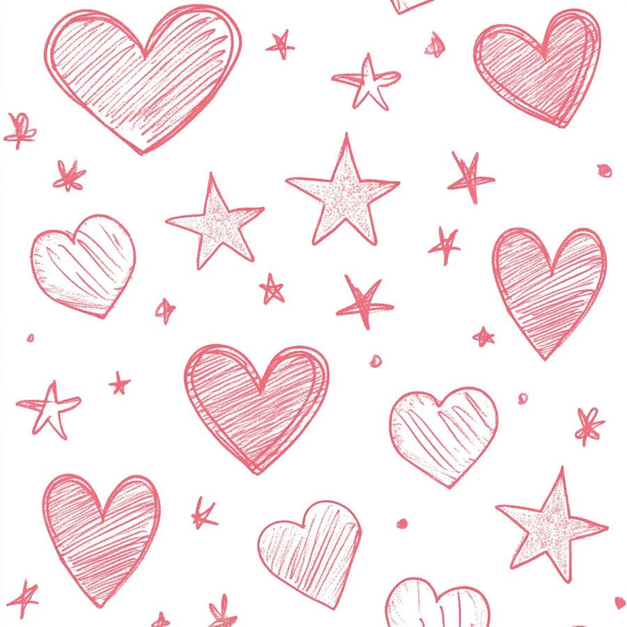Padrão de corações e estrelas rosa desenhados à mão em fundo branco