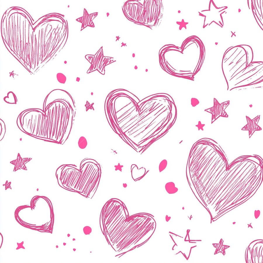 Corações e estrelas rosa desenhados à mão padrão sem costura fundo branco