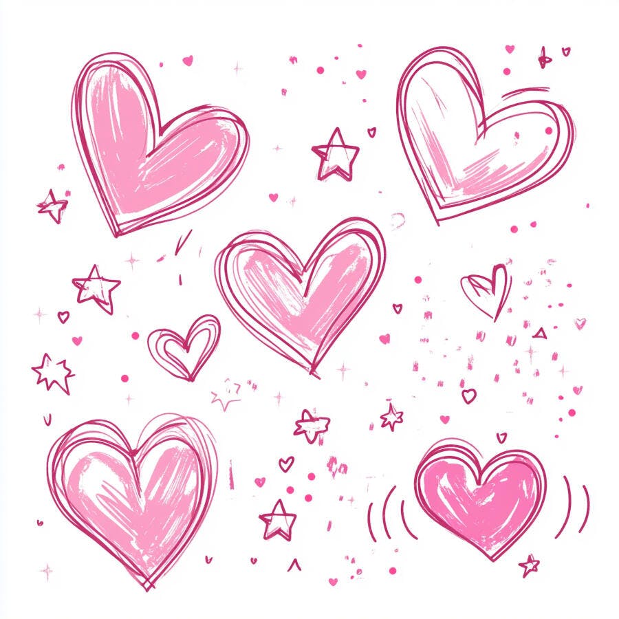Corações e estrelas desenhados à mão em tons de rosa vibrante para celebração do amor
