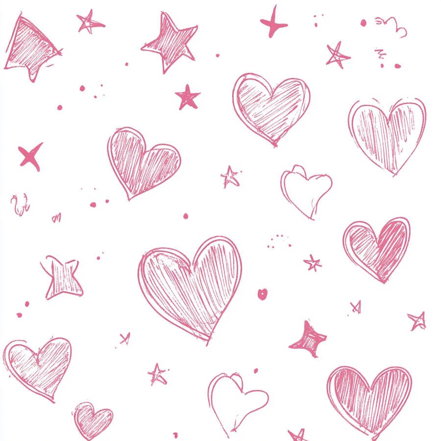 Corações e estrelas rosa desenhados à mão em fundo branco