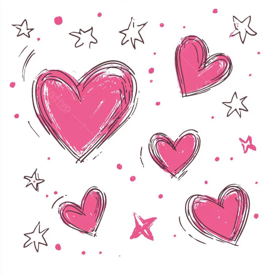 Corações rosa desenhados à mão com estrelas e pontos fundo branco
