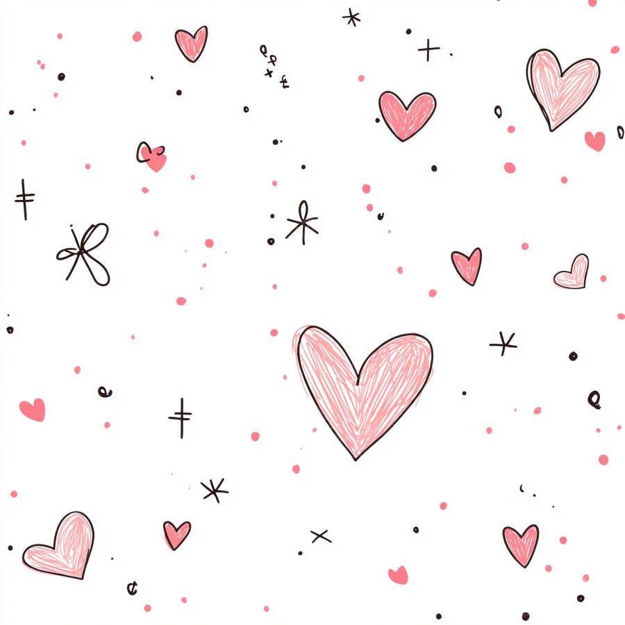 Corações rosados desenhados à mão com rabiscos e pontos em fundo branco