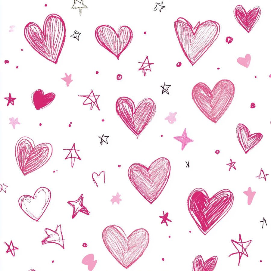 Padrão de corações e estrelas desenhadas à mão em tons de rosa e fundo branco