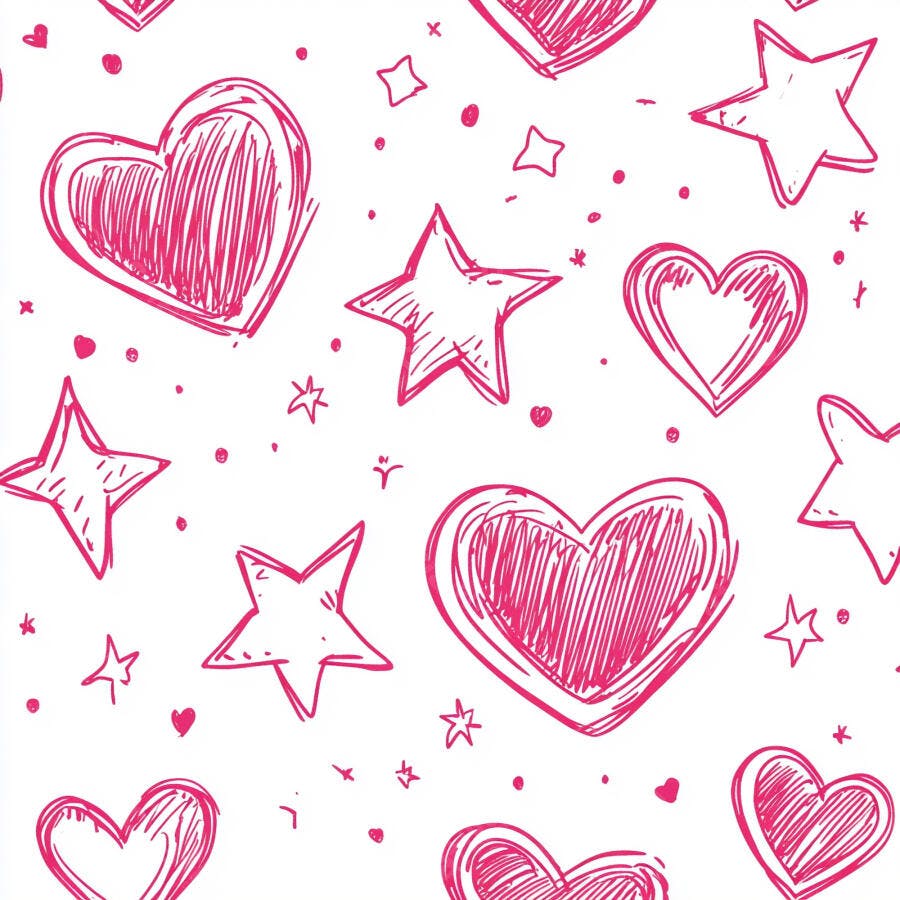 Padrão sem emenda de corações e estrelas rosa desenhados à mão no fundo branco