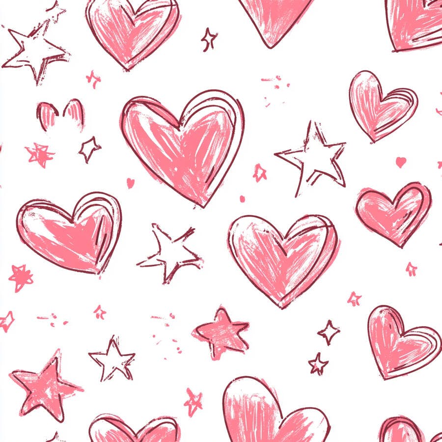 Padrão de corações e estrelas rosa estilo doodle em fundo branco decorativo