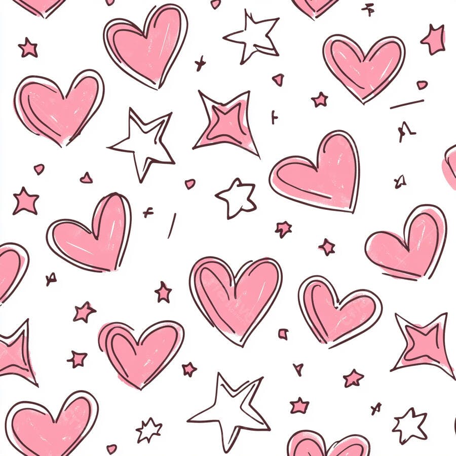 Padrão de corações e estrelas rosa e branco em estilo desenho à mão infantil
