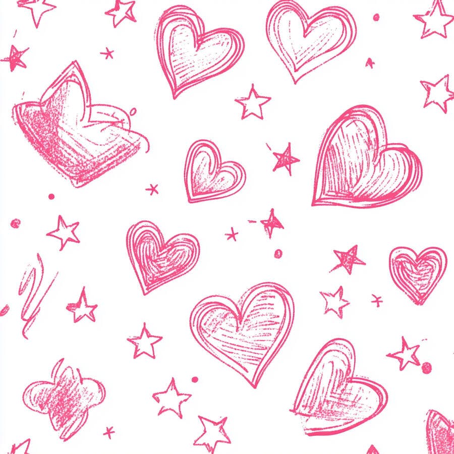 Padrão de corações e estrelas rosa e branco estilo doodle desenhado à mão
