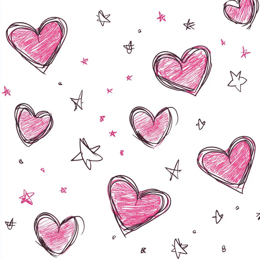 Padrão de corações e estrelas desenhadas à mão em rosa e preto fundo branco