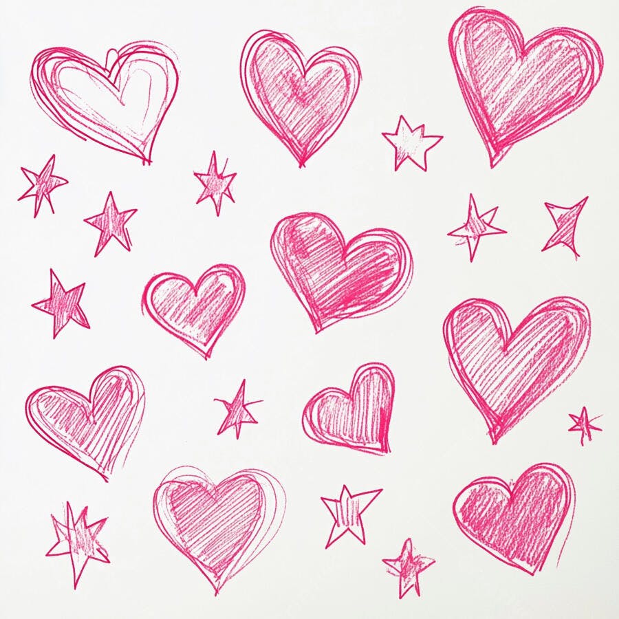 Corações e estrelas cor de rosa desenhados à mão em fundo branco