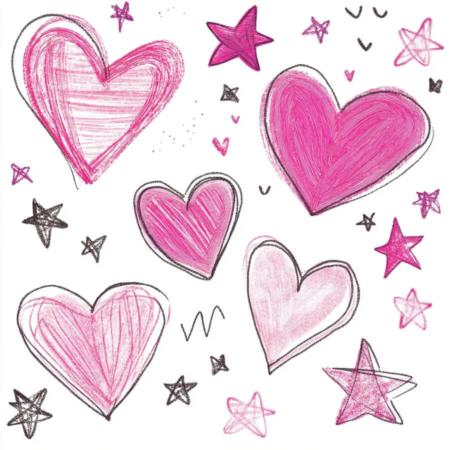 Corações e estrelas rosa desenhados à mão ilustração divertida