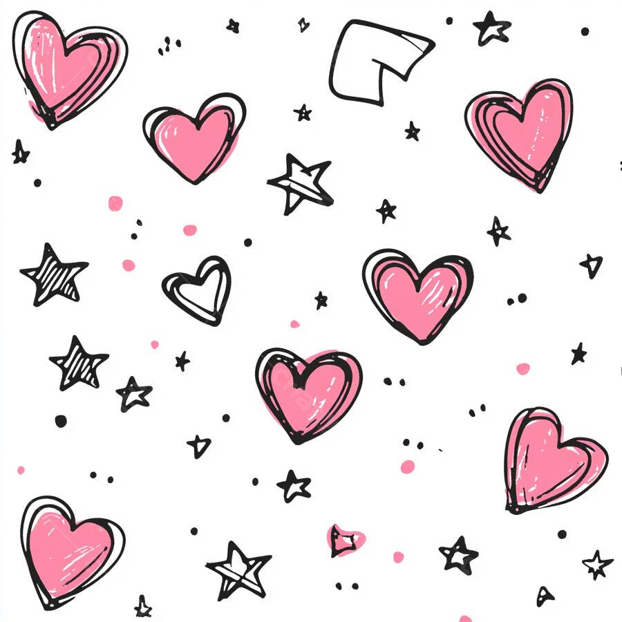 Corações rosas e estrelas pretas padrão doodle fundo branco romântico