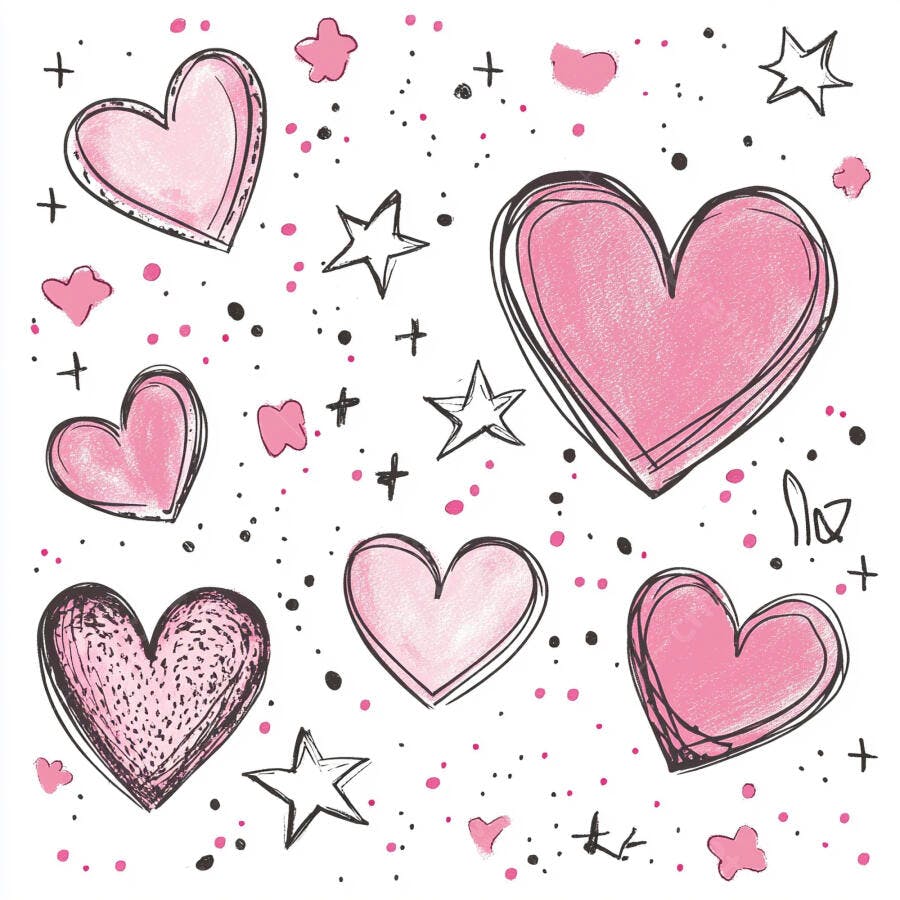 Corações e estrelas desenhados à mão padrão rosa e preto em fundo branco