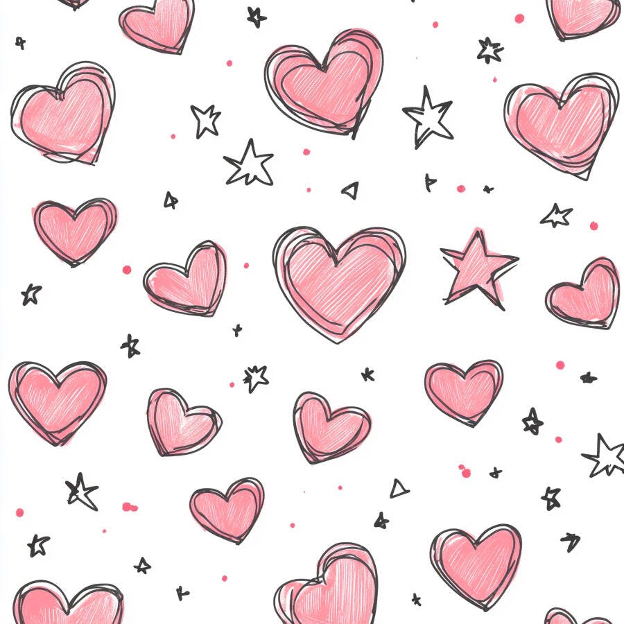 Padrão de corações rosa e estrelas pretas desenhados à mão em fundo branco
