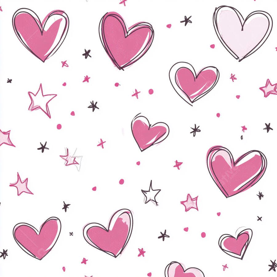 Padrão de corações rosa e estrelas desenhadas a mão em fundo branco infantil
