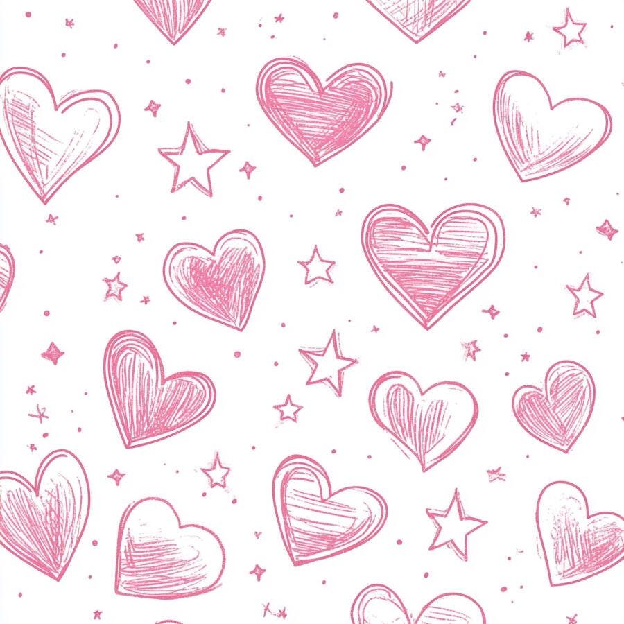 Corações rosa desenhados à mão com estrelas em padrão sem emenda