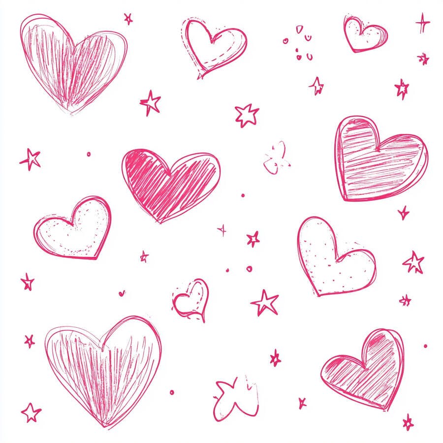 Corações e estrelas rosa desenhados à mão espalhados em fundo branco