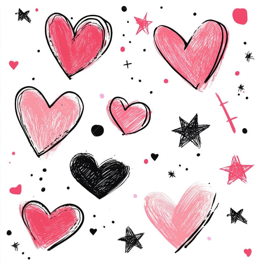 Corações e estrelas rosa e preto estilo desenho à mão divertido