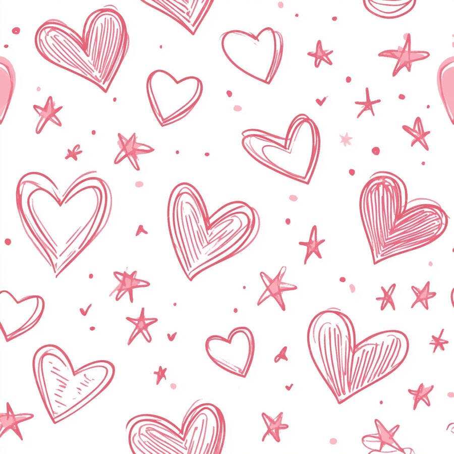 Padrão de corações e estrelas rosa desenhados à mão em fundo branco