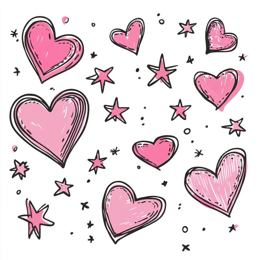 Corações e estrelas desenhados à mão rosa e preto estilo doodle em fundo branco