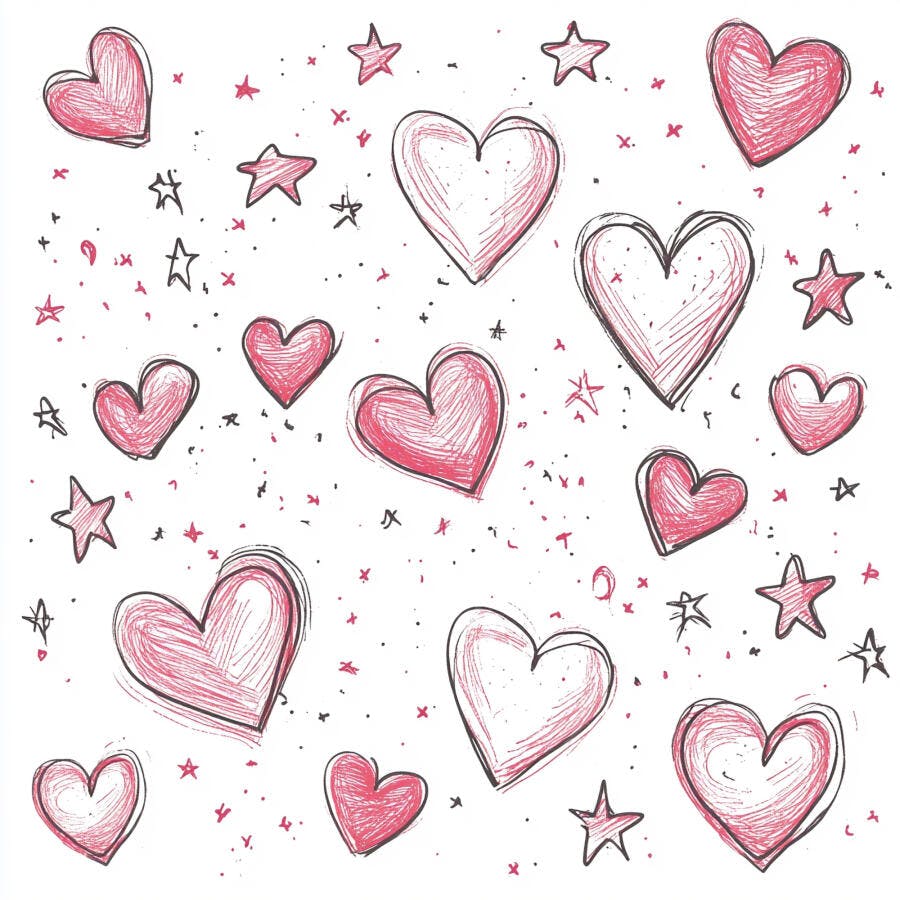 Corações e estrelas rosa desenho à mão em padrão divertido
