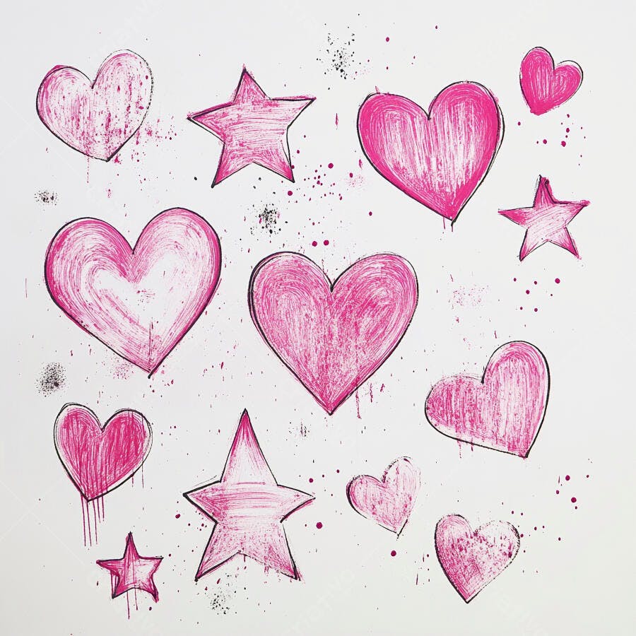 Corações e estrelas rosa desenhadas à mão com respingos de tinta