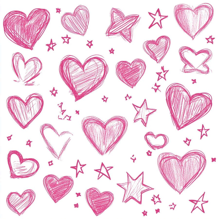Corações e estrelas rosa desenhados à mão em padrão divertido