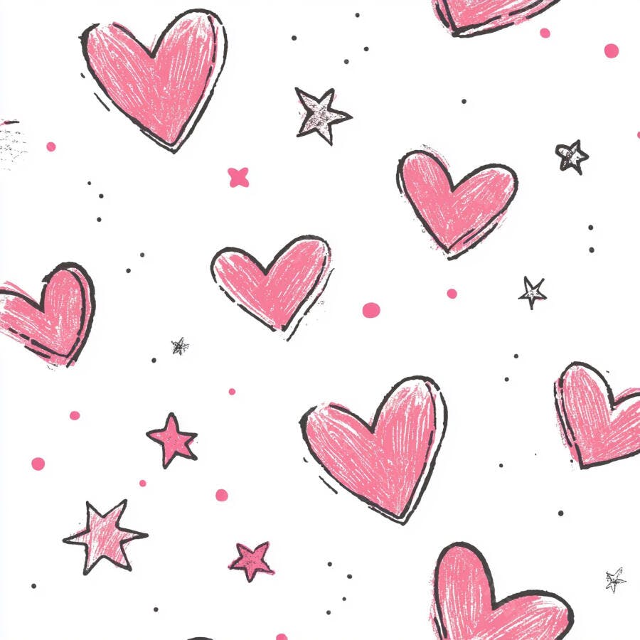 Padrão sem costura de corações e estrelas rosa desenhados à mão em fundo branco