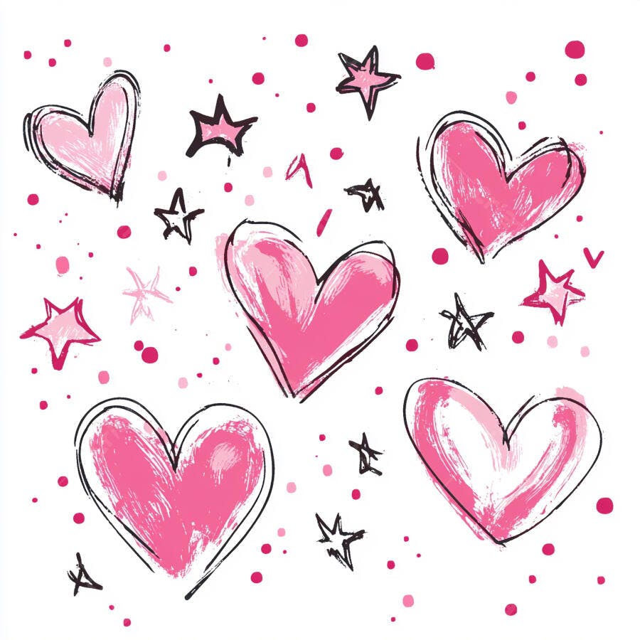 Corações e estrelas rosa desenhados à mão em estilo doodle moderno