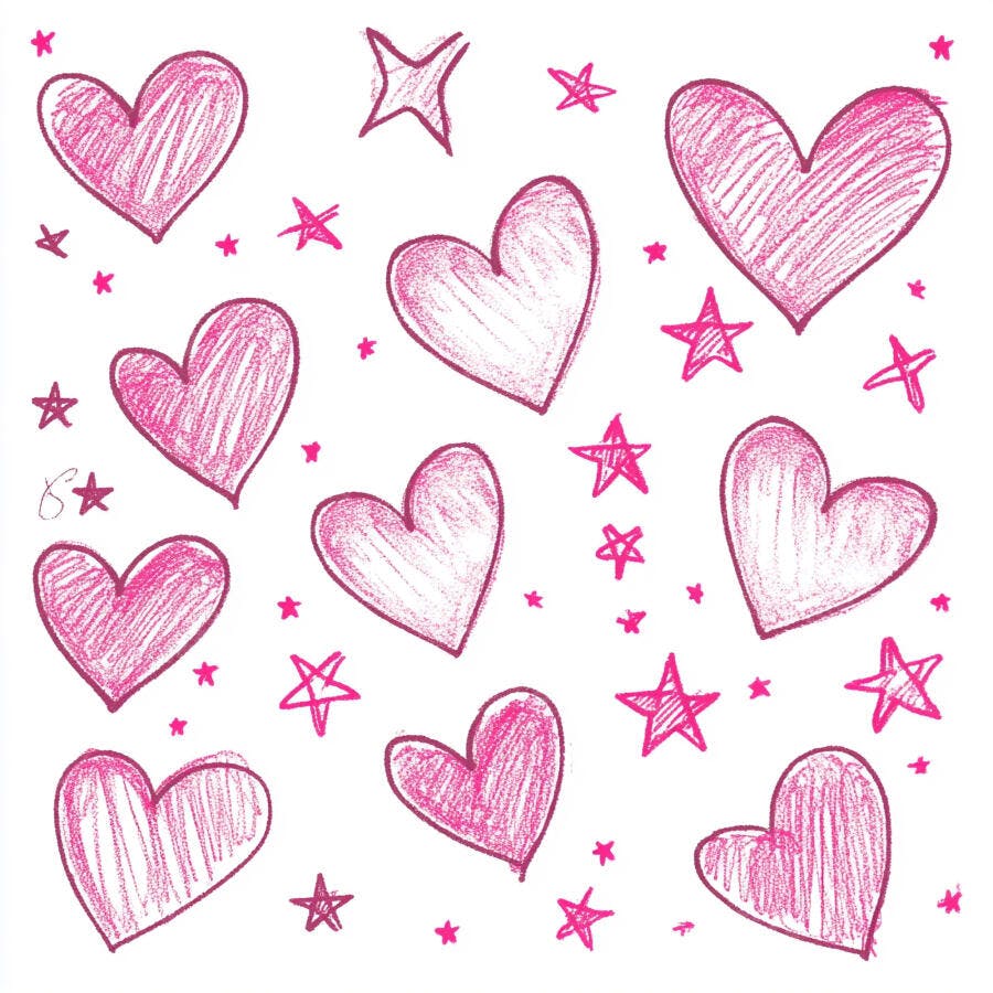 Padrão de corações e estrelas rosa desenhados à mão em fundo branco