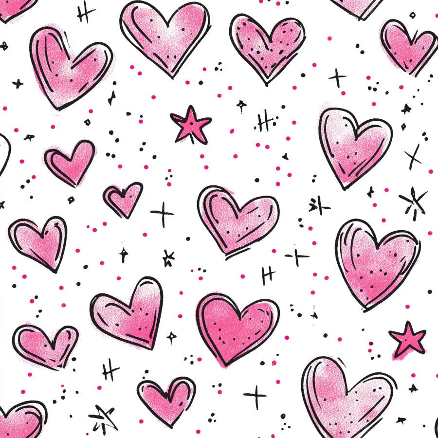 Padrão sem emenda corações rosa desenhados à mão com estrelas e doodles