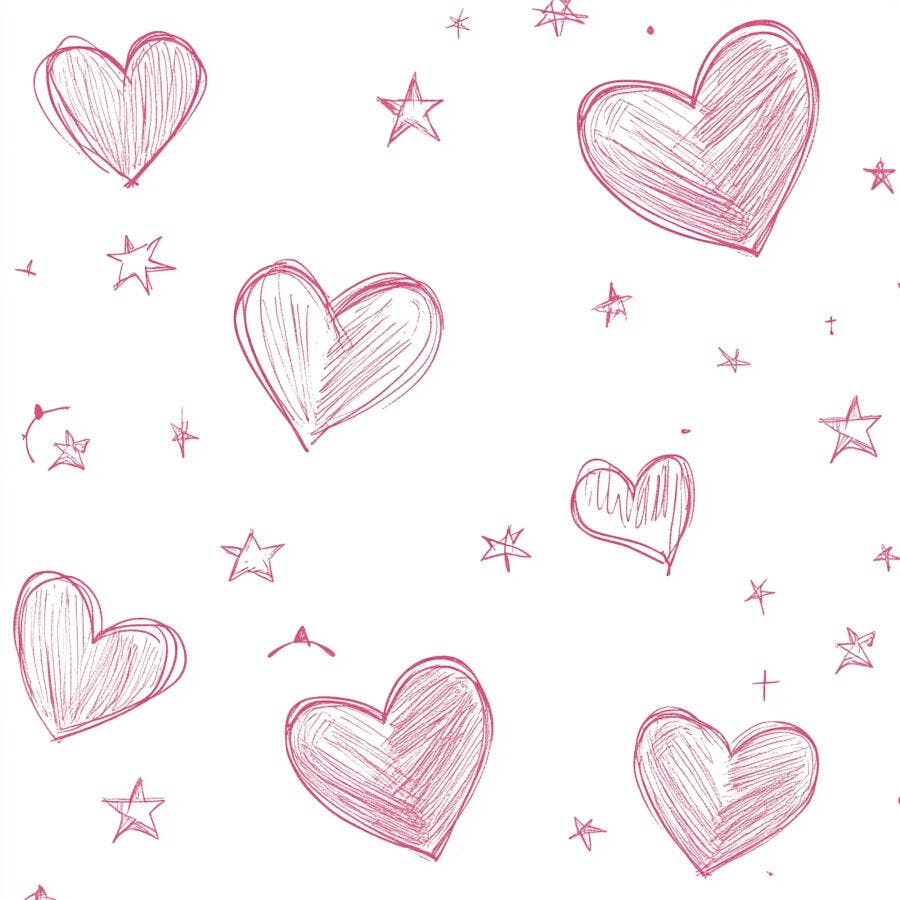 Padrão de corações e estrelas cor-de-rosa desenhados à mão em fundo branco