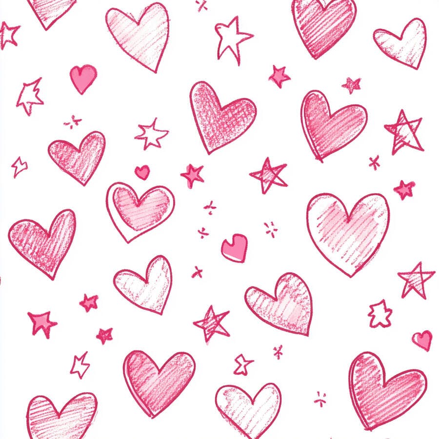 Padrão de corações e estrelas rosas desenhados à mão em fundo branco
