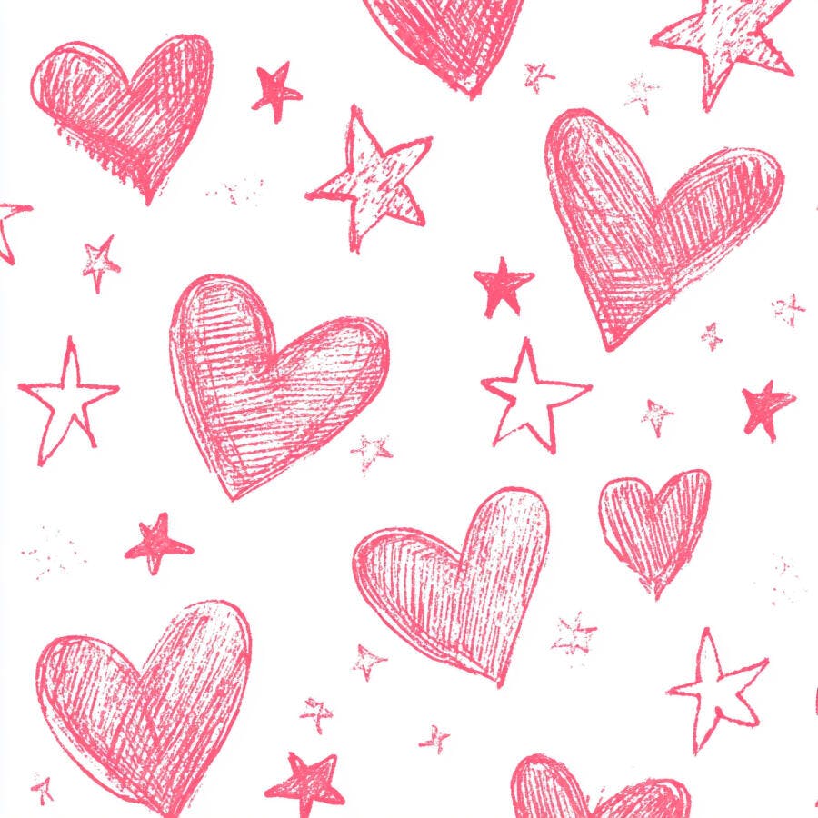 Padrão infantil de corações e estrelas rosa desenhados à mão no fundo branco