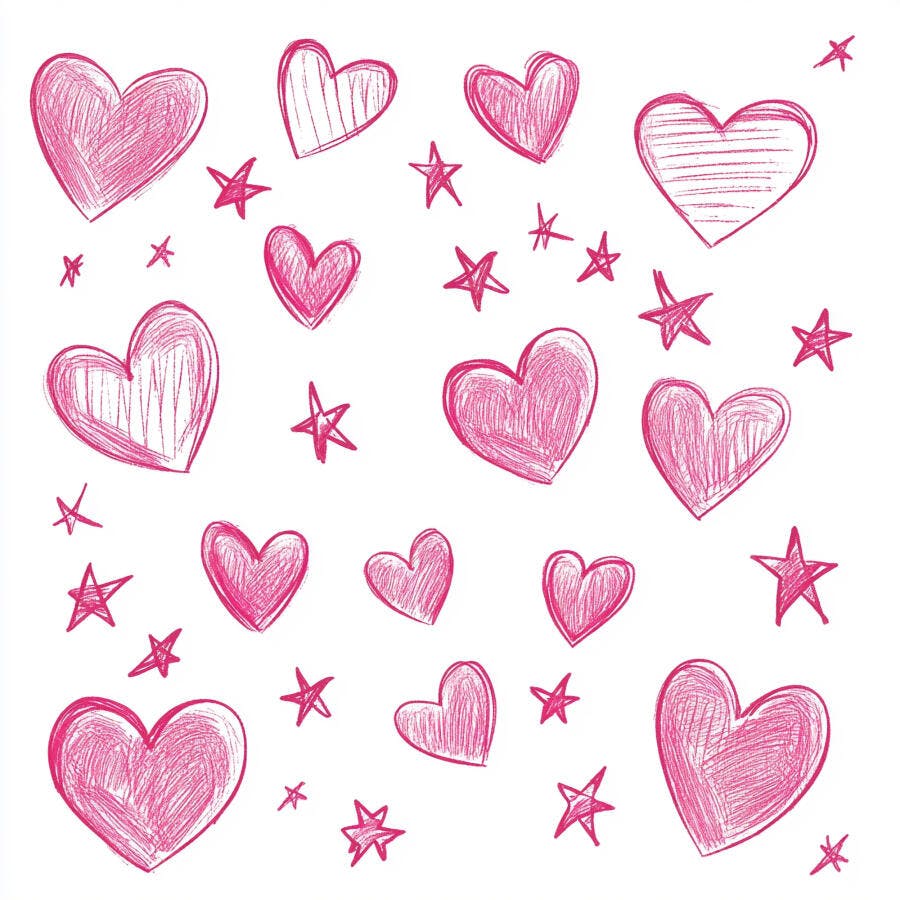 Corações e estrelas rosa desenho à mão em fundo branco