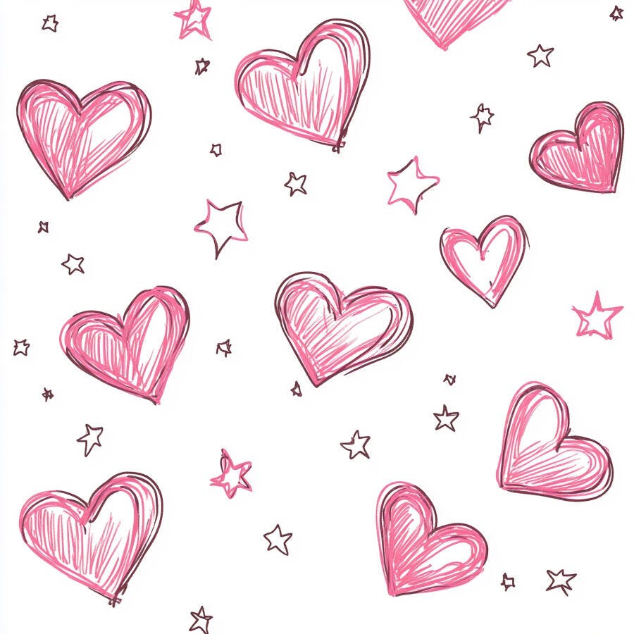 Padrão sem emenda de corações e estrelas desenhados à mão em rosa e branco