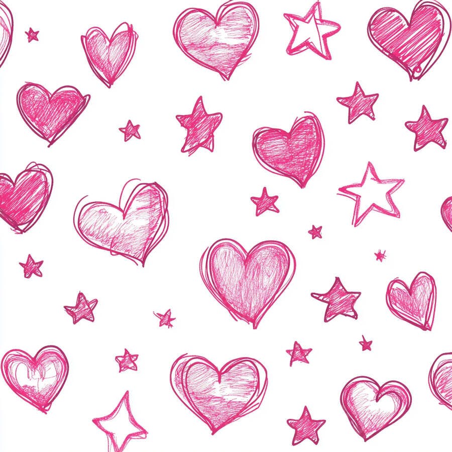Padrão sem costura de corações e estrelas rosa desenhados à mão