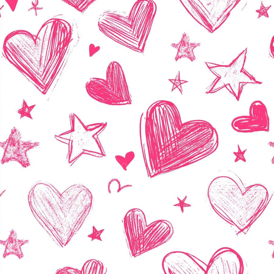 Padrão de corações e estrelas rosa vibrante estilo rabisco para fundo branco