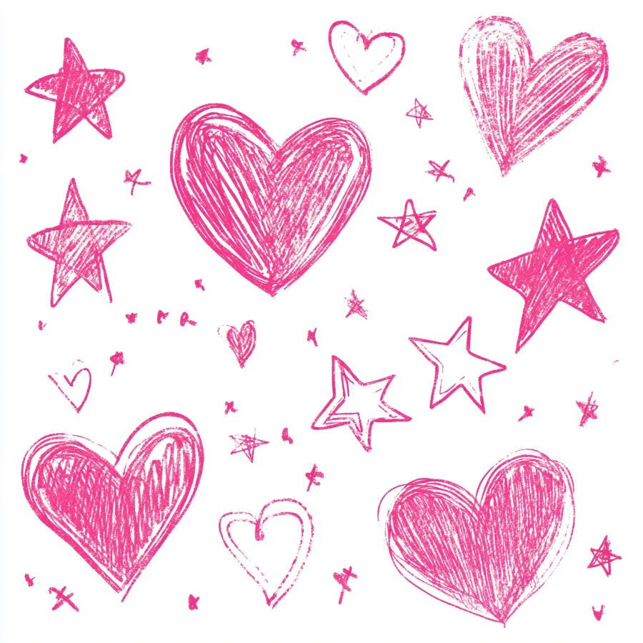 Corações e estrelas rabiscados em rosa fundo branco padrão infantil