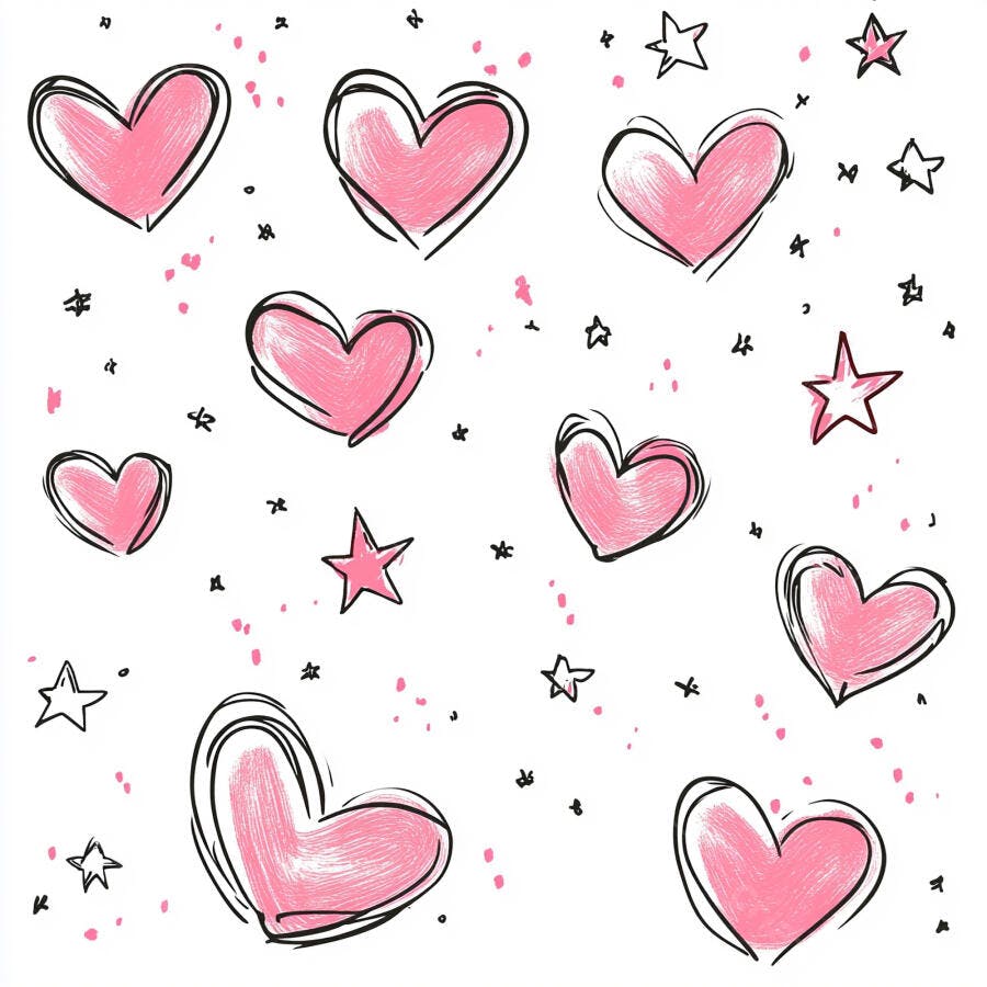 Corações e estrelas rosa desenhados à mão em padrão fofo